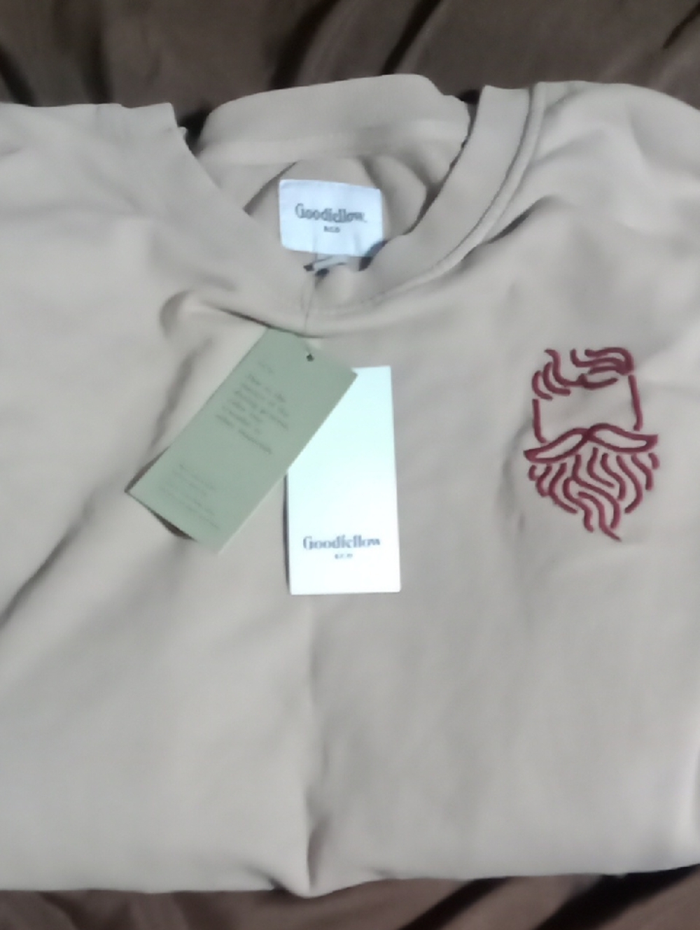 Goodfellow & Co Beige Crew Sweatshirt with Burgundy Embroidered Face Logo